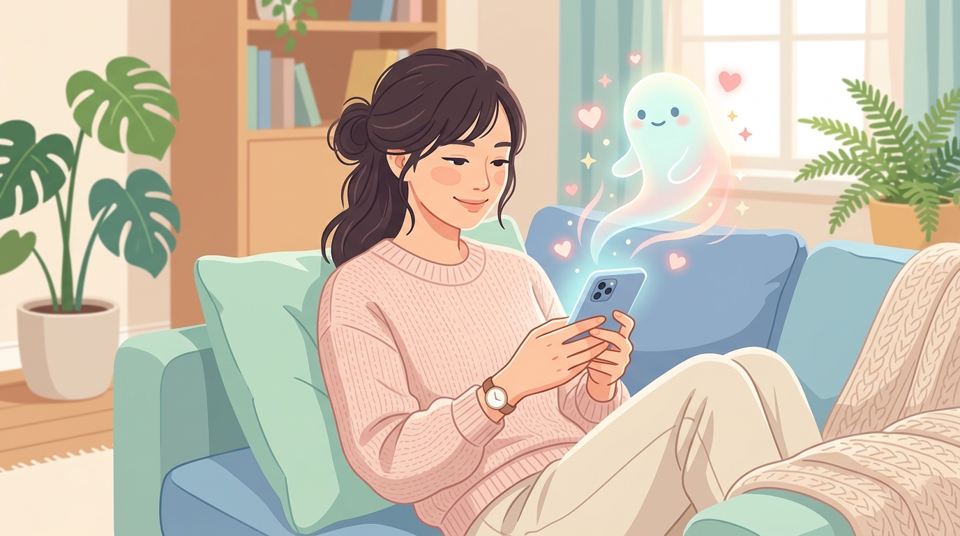ソファでくつろぎながらスマホのAIメンタルケアアプリを使う女性