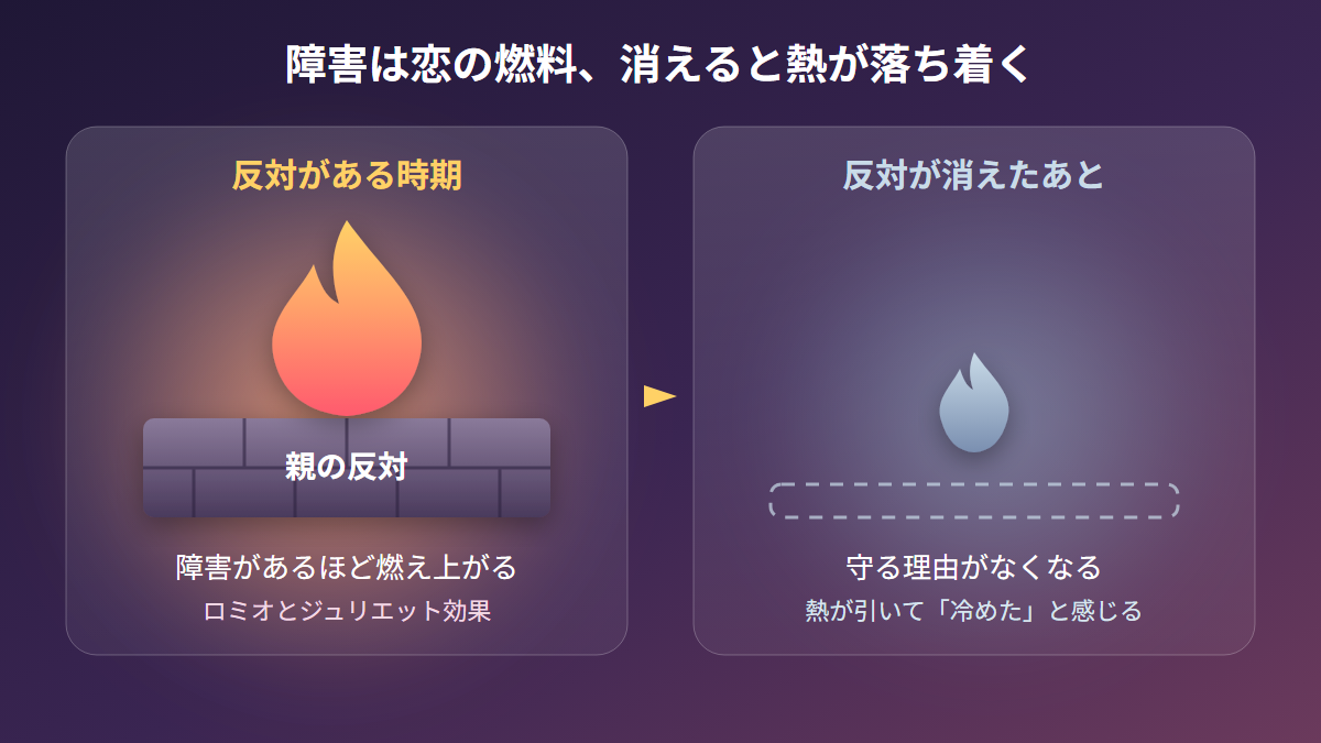 親の反対という障害があると恋が燃え上がり、反対が消えると熱が落ち着く様子