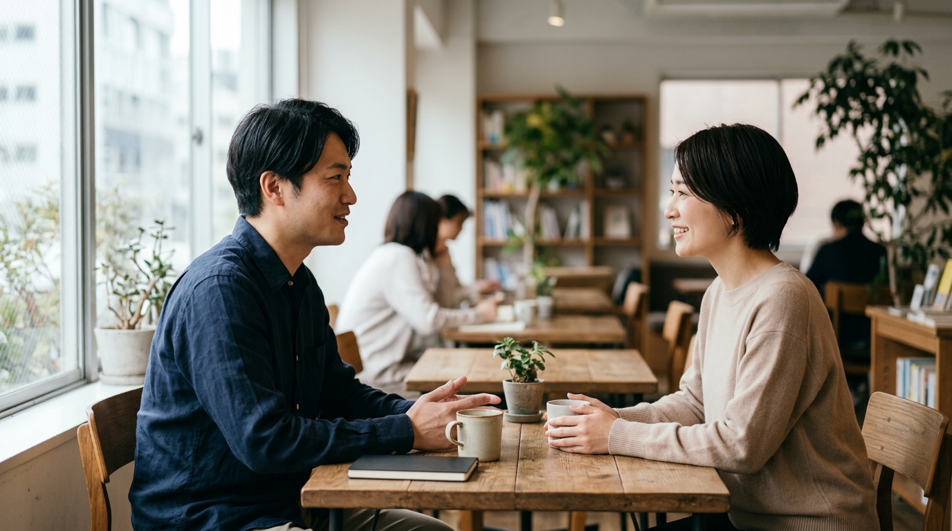 カフェで向かい合い、うなずきながら笑顔で話を聴き合う二人
